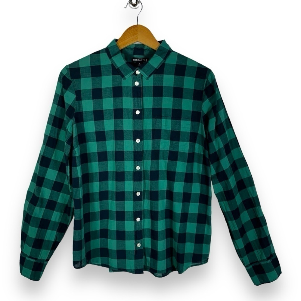 J Crew Mercantile Lightweight Plaid Shirt, Green/Royal Plaid, Size Large